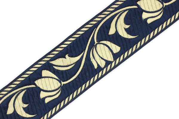 50 mm Gold&Blue Jacquard ribbons, Tulips ribbons 1.96 inches, Jacquard trim, Sewing trims, woven ribbons, embroidered ribbons, 50090