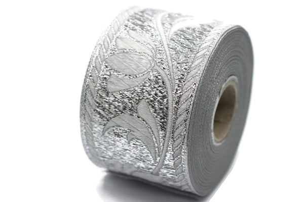50 mm Silver Jacquard ribbons, Tulips ribbons 1.96 inches, Jacquard trim, Sewing trims, woven ribbons, embroidered ribbons, 50090