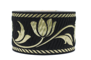 50 mm Gold&Black Jacquard ribbons, Tulips ribbons 1.96 inches, Jacquard trim, Sewing trims, woven ribbons, embroidered ribbons, 50090