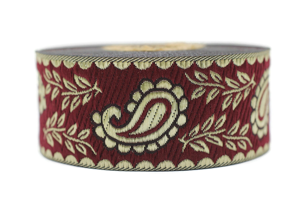 35 mm Gold/Claret Red Leaf ribbons (1.37 inch), ribbon trims, jacquard ...