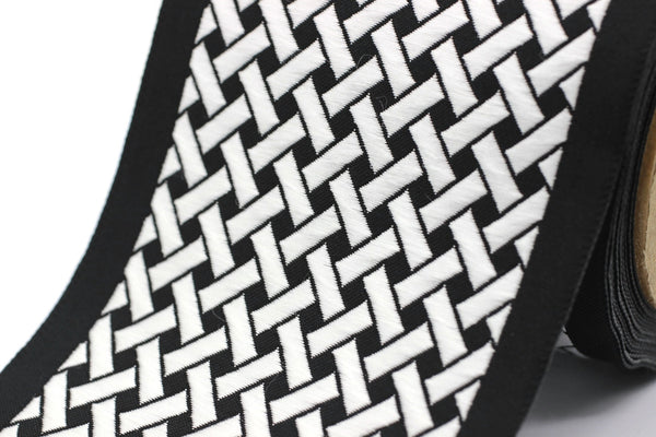 100 mm  White Black Embroidered Ribbons (3.93 inch), Jacquard Trims, Sewing Trim, drapery trim, Curtain trims, Jacquard Ribbons, 179 V9