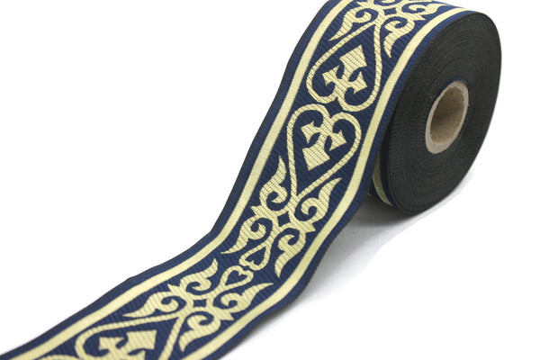 50 mm Gold Blue Royal Celtic Jacquard Ribbon (1.96 inches), Celtic Tapestry, Jacquard trim, Drapery Trim, Upholstery Fabric, 50068