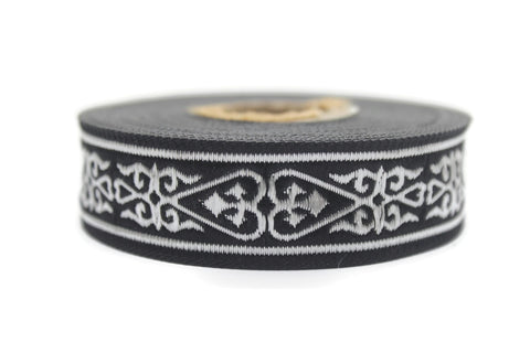 22 mm Black Silver Celtic Jacquard Ribbon (0.86 inches), Celtic Tapestry, Heart embroidered Jacquard trim, Upholstery Fabric 22068