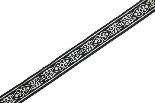 22 mm Black Silver Celtic Jacquard Ribbon (0.86 inches), Celtic Tapestry, Heart embroidered Jacquard trim, Upholstery Fabric 22068