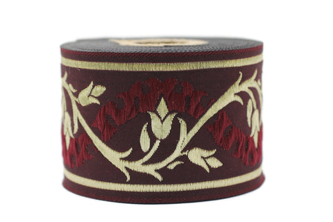 50 mm Gold&Red Tulips Jacquard Ribbons, Tulips Ribbons 1.96 inches, Jacquard Trim, Sewing Trims, Flower Ribbons, Embroidered Ribbons, 50094