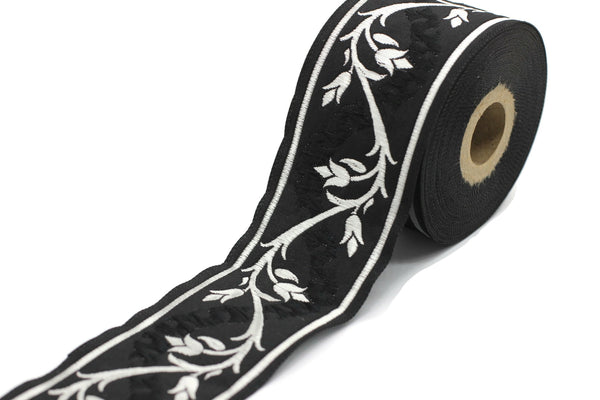 50 mm Black&Silver Tulips Jacquard Ribbons, Tulips Ribbons 1.96 inc, Jacquard Trim, Sewing Trims, Flower Ribbons, Embroidered Ribbons, 50094