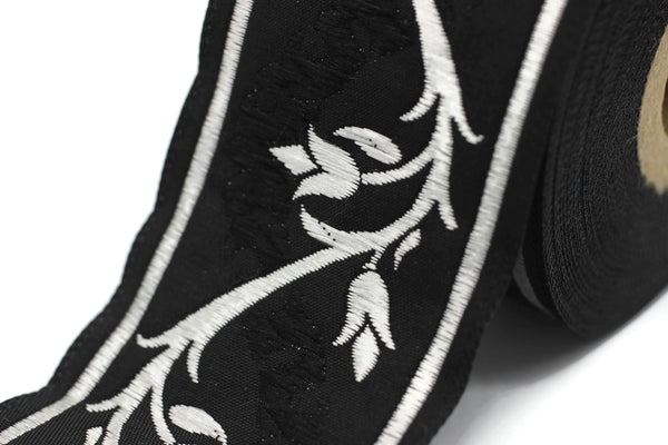 50 mm Black&Silver Tulips Jacquard Ribbons, Tulips Ribbons 1.96 inc, Jacquard Trim, Sewing Trims, Flower Ribbons, Embroidered Ribbons, 50094