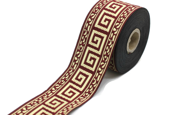 50 mm Red/Golden Greek key ribbon, Jacquard trims (1.96 inches), vintage ribbons, Decorative ribbons, Sewing trim, Jacquard ribbons, 50060