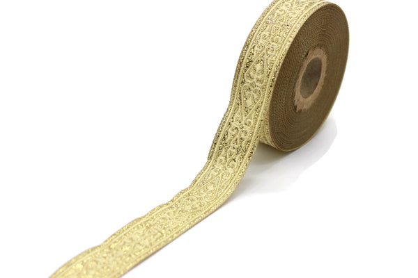 22 mm Gold Celtic Jacquard Ribbon (0.86 inches), Celtic Tapestry, Heart embroidered Jacquard trim, Upholstery Fabric 22068