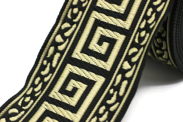 50 mm Black/Golden Greek key ribbon, Jacquard trims (1.96 inches), vintage ribbons, Decorative ribbons, Sewing trim, Jacquard ribbons, 50060