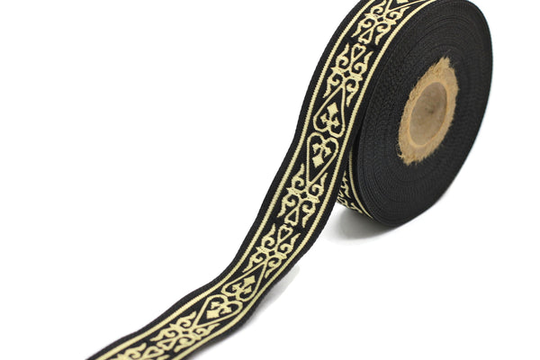 22 mm Black Gold Celtic Jacquard Ribbon (0.86 inches), Celtic Tapestry, Heart embroidered Jacquard trim, Upholstery Fabric 22068