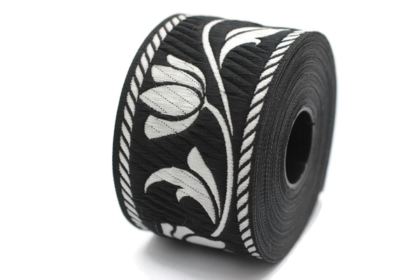50 mm Silver&Black Jacquard ribbons, Tulips ribbons 1.96 inches, Jacquard trim, Sewing trims, woven ribbons, embroidered ribbons, 50090