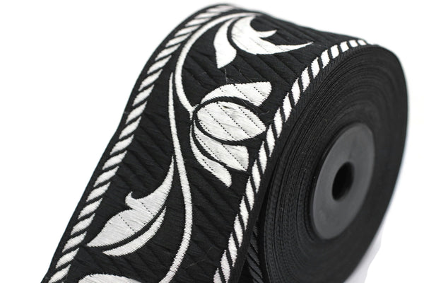 50 mm Silver&Black Jacquard ribbons, Tulips ribbons 1.96 inches, Jacquard trim, Sewing trims, woven ribbons, embroidered ribbons, 50090
