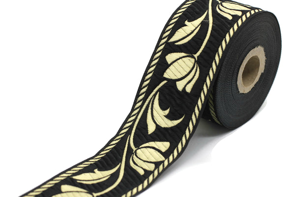 50 mm Gold&Black Jacquard ribbons, Tulips ribbons 1.96 inches, Jacquard trim, Sewing trims, woven ribbons, embroidered ribbons, 50090