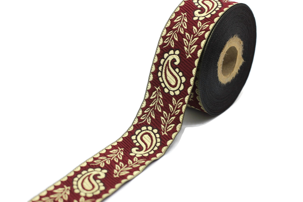 35 mm Gold/Claret Red Leaf ribbons (1.37 inch), ribbon trims, jacquard ...