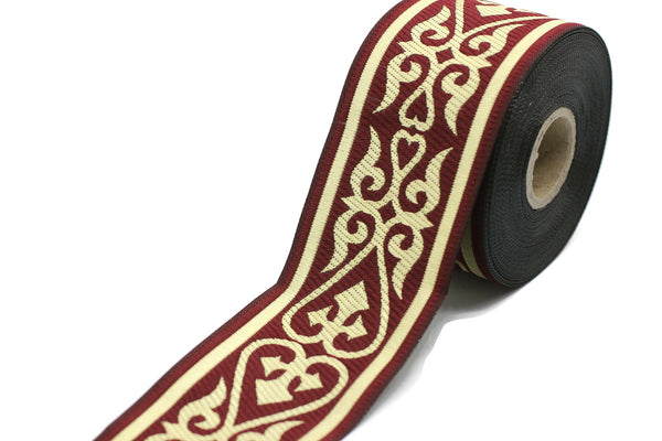 50 mm Gold&Claret Red Royal Celtic Jacquard Ribbon (1.96 inches), Celtic Tapestry, Jacquard trim, Drapery Trim, Upholstery Fabric, 50068