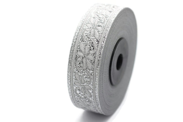 22 mm Silver Floral Jacquard ribbons (0.86 inches, floral emboried Jacquard trim, Sewing trim, trimming, ribbons, collars, 22084
