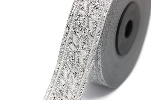 22 mm Silver Floral Jacquard ribbons (0.86 inches, floral emboried Jacquard trim, Sewing trim, trimming, ribbons, collars, 22084