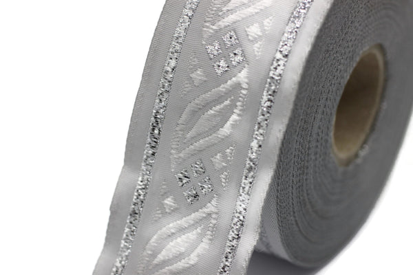35 mm Grey Silver Leaf Tendril 1.37 (inch) | Jacquard Trim | Leaf Tendril Ribbon | Tendril Ribbon | Jacquard Ribbon | Woven Trim | OZV01