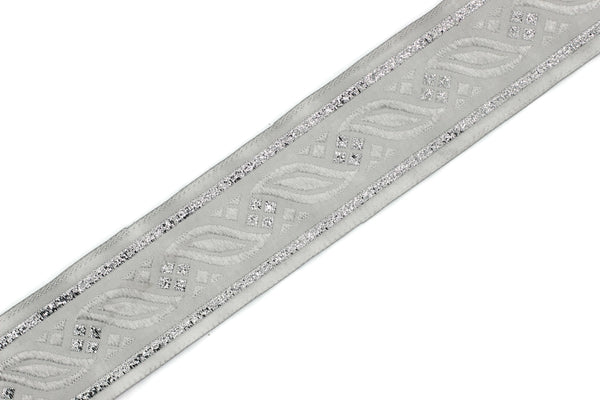 35 mm Grey Silver Leaf Tendril 1.37 (inch) | Jacquard Trim | Leaf Tendril Ribbon | Tendril Ribbon | Jacquard Ribbon | Woven Trim | OZV01