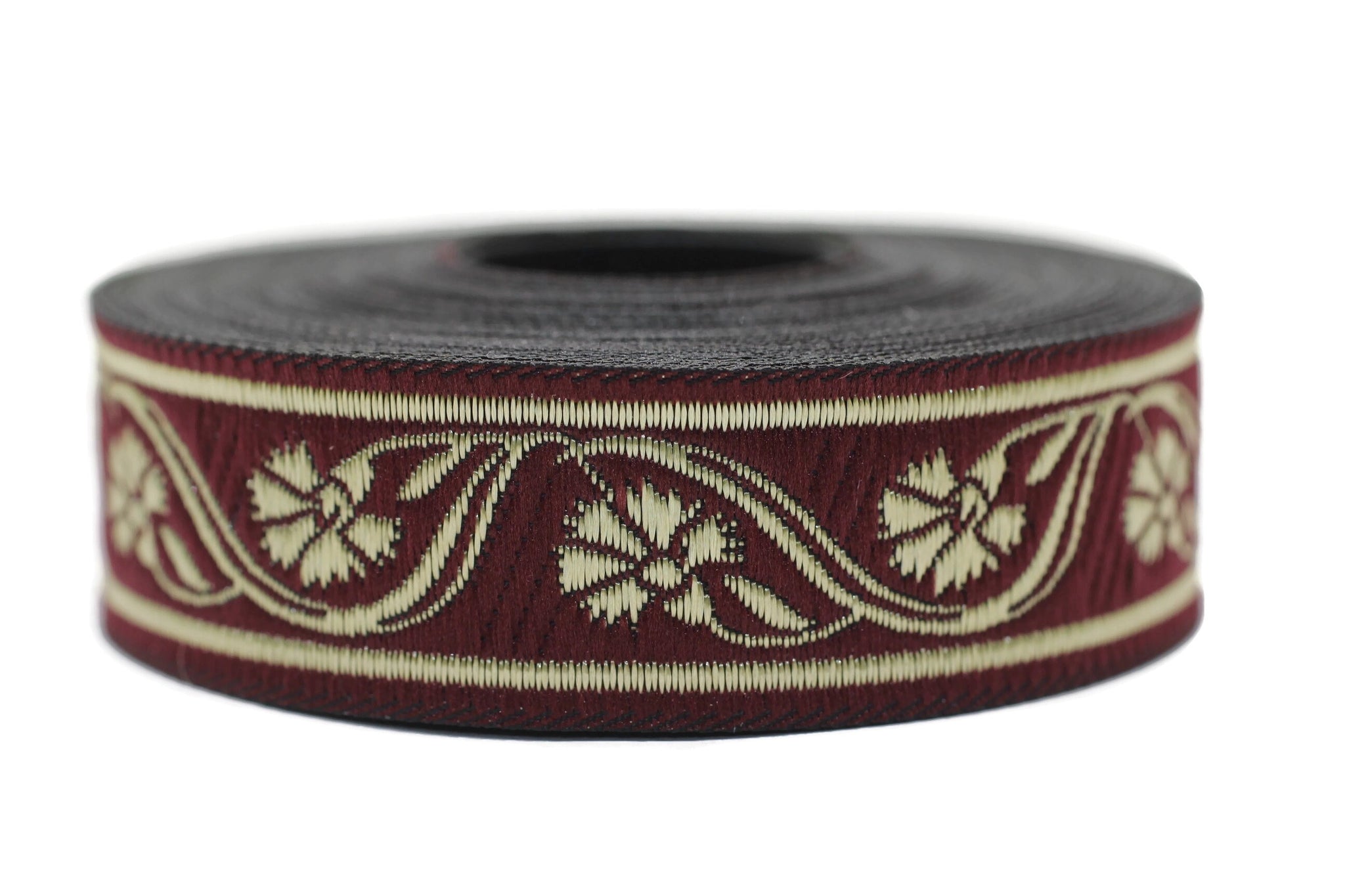 22 mm Claret Red Clove Embroidered Jacquard Ribbon (0.86 inch), Floral Tapestry, Heart embroidered Jacquard trim, Upholstery Fabric 22070