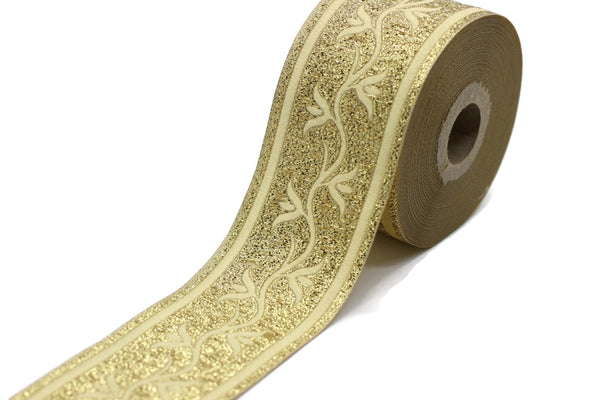 50 mm Gold ivy Jacquard Ribbon (1.96 inches), Celtic Tapestry, Jacquard trim, Drapery Trim, Upholstery Fabric, 50073