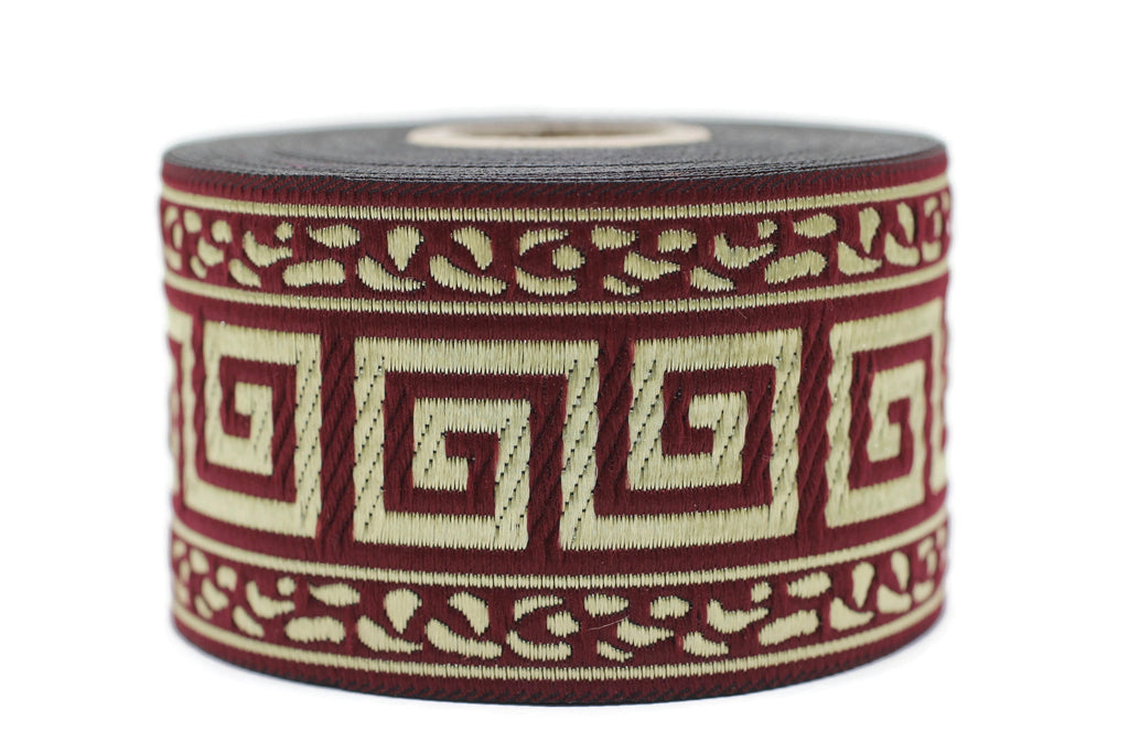 50 mm Red/Golden Greek key ribbon, Jacquard trims (1.96 inches), vinta ...
