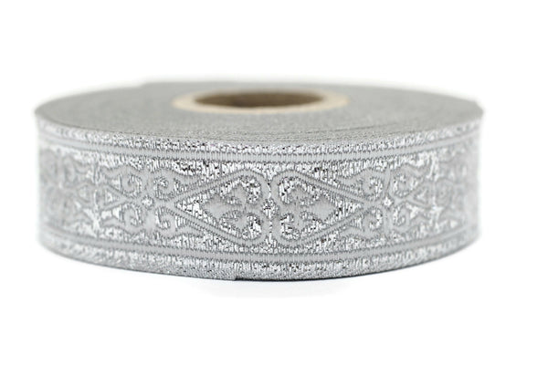 22 mm Silver Celtic Jacquard Ribbon (0.86 inches), Celtic Tapestry, Heart embroidered Jacquard trim, Upholstery Fabric 22068