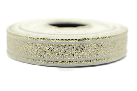 15 mm White&Gold Geometric Embroidered Jacquard ribbons(0.59 inches), Jacquard trim, Sewing, Jacquard ribbon, trimming, collars supply 15011