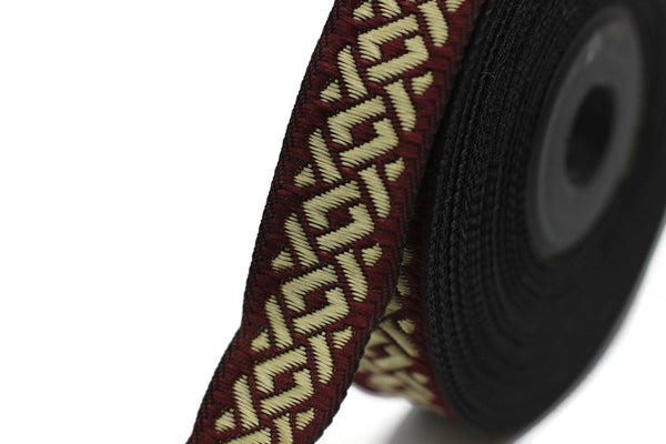 16 mm Golden&Claret Red Jacquard ribbons 0.62 inches, celtic knot, Jacquard trim, Sewing trim, geometric ribbon, woven ribbons, 16069