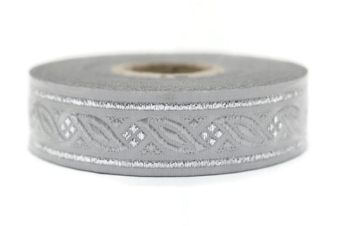 20 mm Grey Silver Leaf Tendril 0.78 (inch) | Leaf Tendril Ribbon | Embroidered Woven Leaf Ribbon | Jacquard Ribbon | 20 mm Wide | OZV01