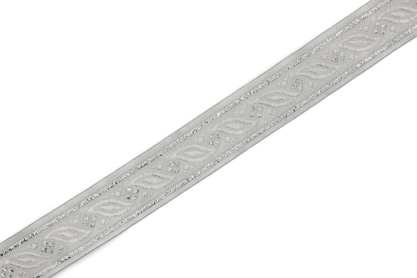 20 mm Grey Silver Leaf Tendril 0.78 (inch) | Leaf Tendril Ribbon | Embroidered Woven Leaf Ribbon | Jacquard Ribbon | 20 mm Wide | OZV01