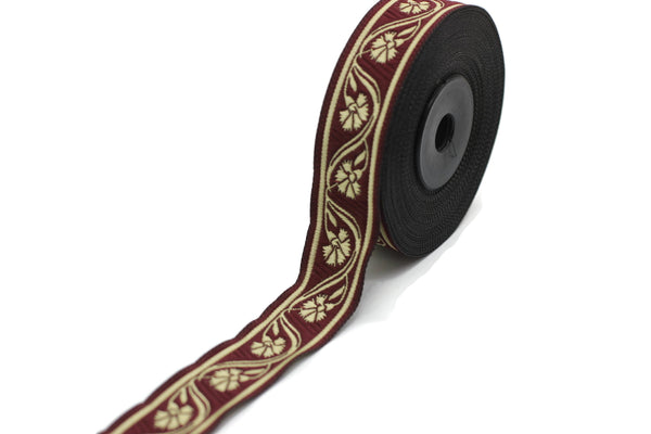 22 mm Claret Red Clove Embroidered Jacquard Ribbon (0.86 inch), Floral Tapestry, Heart embroidered Jacquard trim, Upholstery Fabric 22070