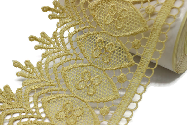 100mm 8 Mt. Yellow Bridal Guipure Lace Trim | 3.93 Inches Wide Lace Trim | Geometric Bridal Lace | French Guipure | Lace Fabric TRM100
