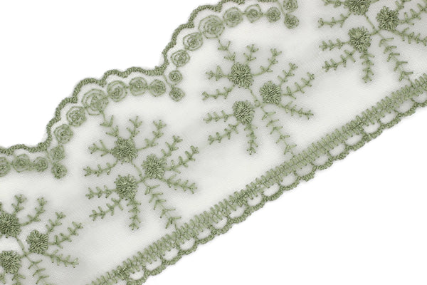 90 mm Pickle Green Organza Lace trim, embroidered lace fabric , 3.50 inches lace trim ,Organza Lace , White Lace Trim , Tulle Lace Trim