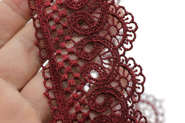 19.6 Yards Claret Red Bridal Guipure Lace Trim | 2.1 Inches Wide Lace Trim | Geometric Bridal Lace | French Guipure | Lace Fabric TRM53