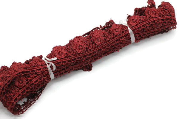 8.74 Yards Claret Red Floral Bridal Guipure Lace Trim | 0.87 Inches Wide Lace Trim | Bridal Lace | French Guipure | Lace Fabric TRM22