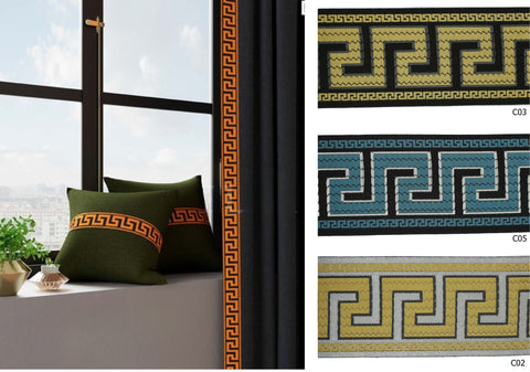 2.75" Greek Key Embroidered Drapery Trims, 70mm Jacquard Trims, Sewing Trim, Curtain trims, Jacquard Ribbons, Drapery Banding 70005
