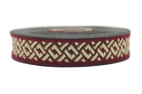 16 mm Golden&Claret Red Jacquard ribbons 0.62 inches, celtic knot, Jacquard trim, Sewing trim, geometric ribbon, woven ribbons, 16069
