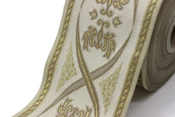 70 mm Cream Gold Royal Jacquard trim (2.75 inches) - Vintage Ribbon - Decorative Craft Ribbon Sewing, Jacquard ribbon - Trim, 70055