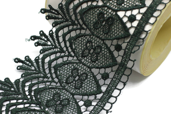 100mm 8 Mt. Dark Green Bridal Guipure Lace Trim | 3.93 Inches Wide Lace Trim | Geometric Bridal Lace | French Guipure | Lace Fabric TRM100