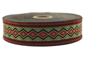 32 mm Red&Green Mosaic Motif Jacquard Ribbon (1.28 inches), Vintage Jacquard, Sewing Trim, Large ribbon,  jacquard ribbon HSR02