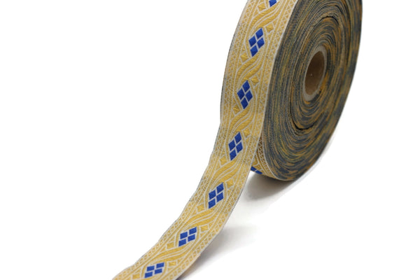 25 mm Gold&Blue Mosaic Jacquard Trims 0.98inch, jacquard ribbon, Decorative Craft Ribbon, Sewing trim, woven trim, embroidered ribbon, HSR03