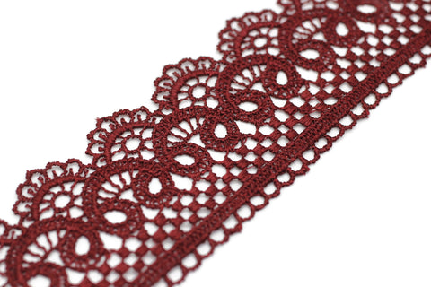 19.6 Yards Claret Red Bridal Guipure Lace Trim | 2.1 Inches Wide Lace Trim | Geometric Bridal Lace | French Guipure | Lace Fabric TRM53