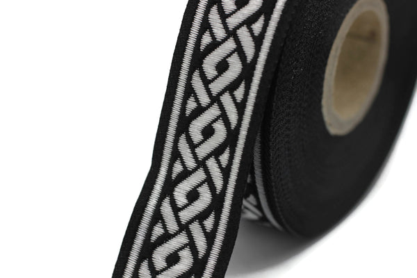 22 mm Silver&Black Jacquard Ribbons 0.86 inches, Spiral Style Jacquard Trim, Sewing Jacquard Ribbons, Woven Ribbons, collars Supply, 22069
