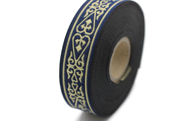 22 mm Blue Gold Celtic Jacquard Ribbon (0.86 inches), Celtic Tapestry, Heart embroidered Jacquard trim, Upholstery Fabric 22068