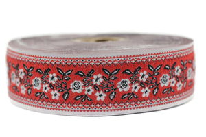 32 mm Red&White Floral Motif Jacquard Ribbon (1.28 inches), Vintage Jacquard, Sewing Trim, Large ribbon,  jacquard ribbon HSR01
