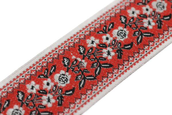 32 mm Red&White Floral Motif Jacquard Ribbon (1.28 inches), Vintage Jacquard, Sewing Trim, Large ribbon,  jacquard ribbon HSR01