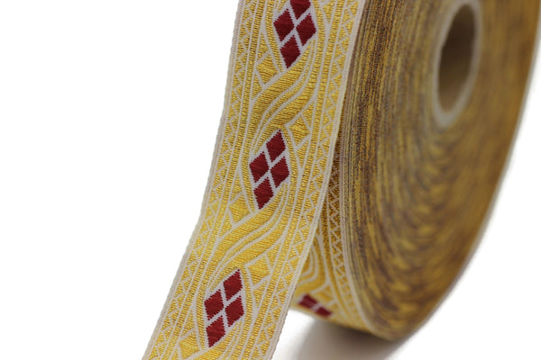25 mm Gold&Red Mosaic Jacquard Trims 0.98 inch, jacquard ribbon, Decorative Craft Ribbon, Sewing trim, woven trim, embroidered ribbon, HSR03