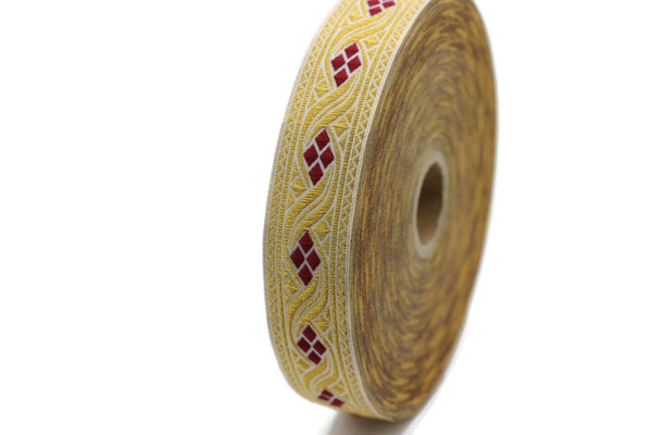 25 mm Gold&Red Mosaic Jacquard Trims 0.98 inch, jacquard ribbon, Decorative Craft Ribbon, Sewing trim, woven trim, embroidered ribbon, HSR03
